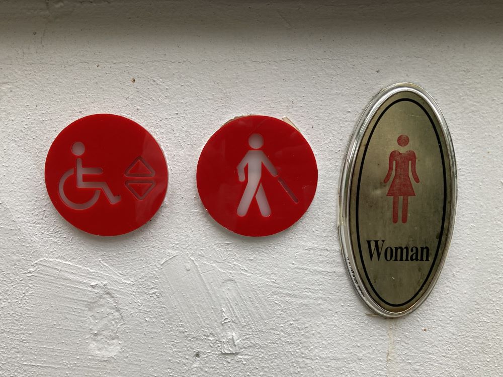 Na fotografii sú na vonkajšej stene budovy tri reliéfne piktogramy: človek, ktorý sa pohybuje na invalidnom vozíku, človek s bielou palicou a informácia o dámskej toalete.
